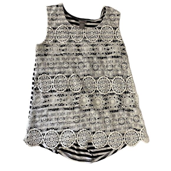 C Oliver Top Women Medium Lace Overlay Blue Stripe Tank Boho Nautical Officecore - Picture 11 of 13